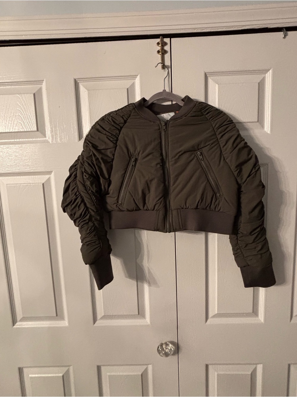 Fashion Nova Olive Ruched Sleeve Bomber Jacket